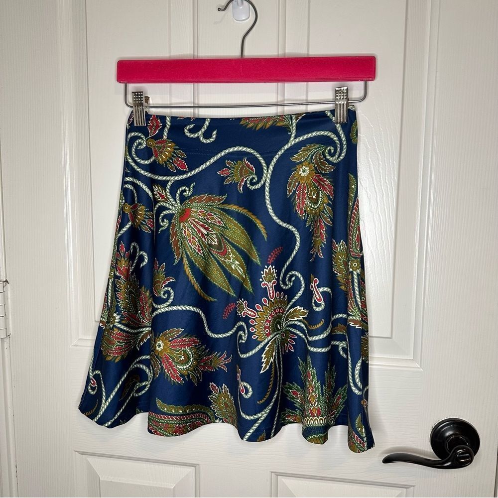 BNWT Gretchen Scott Navy Blue The Plume Paisley Floral Flirty Skirt Sz XS Boho